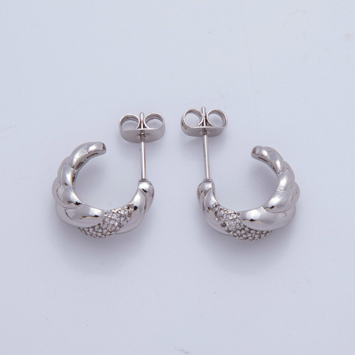 18K Gold Filled Micro Paved CZ Croissant C-Shaped Hoop Earrings in Gold and Silver | AI411 AJ152