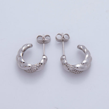 18K Gold Filled Micro Paved CZ Croissant C-Shaped Hoop Earrings in Gold and Silver | AI411 AJ152