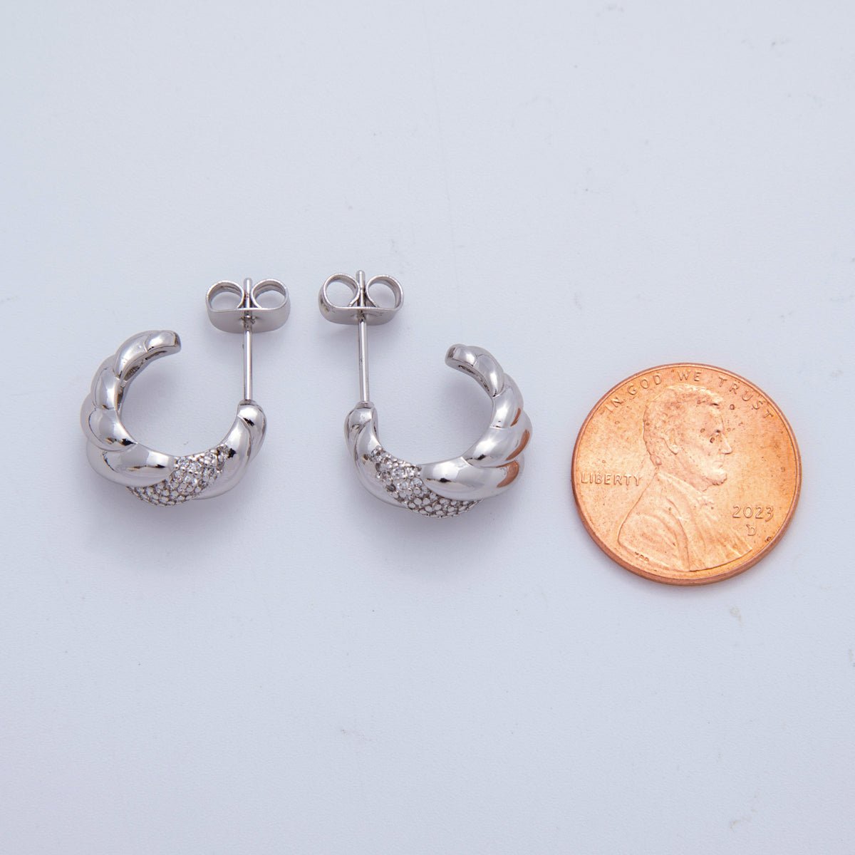 18K Gold Filled Micro Paved CZ Croissant C-Shaped Hoop Earrings in Gold and Silver | AI411 AJ152