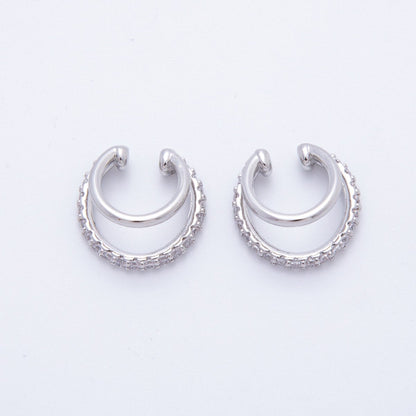 18K Gold Filled Micro Paved CZ Double Band Ear Cuff Earrings in Gold &amp; Silver | AI-00262