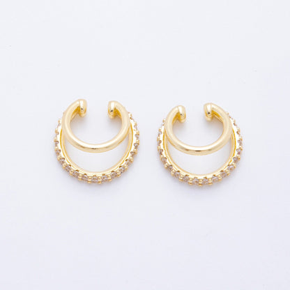 18K Gold Filled Micro Paved CZ Double Band Ear Cuff Earrings in Gold &amp; Silver | AI-00262