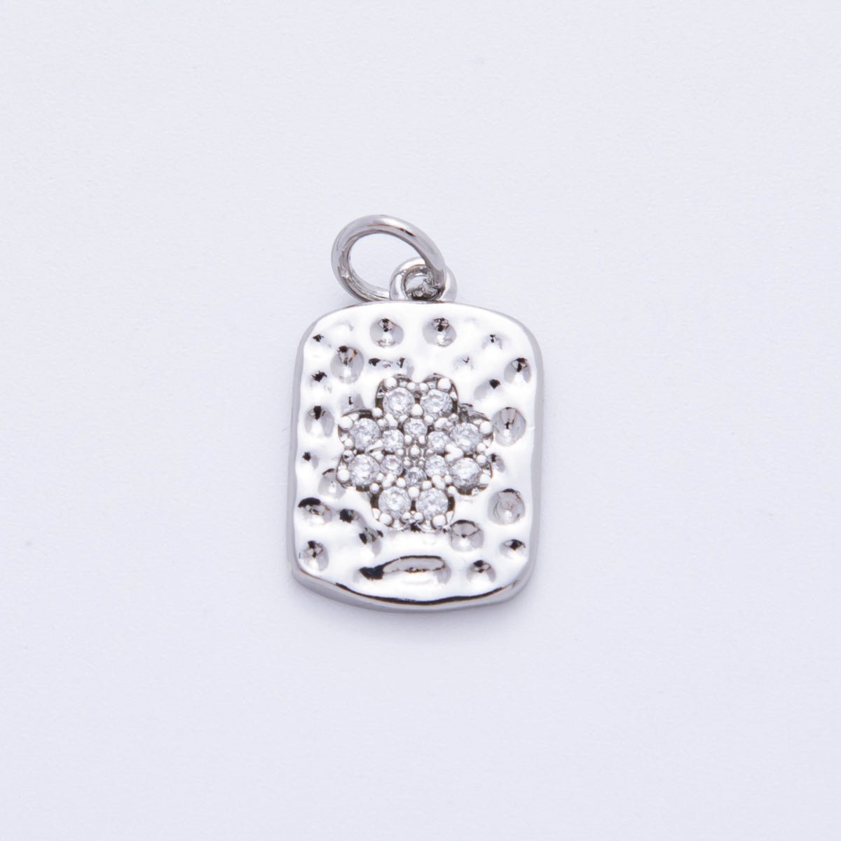 18K Gold Filled Micro Paved CZ Hammered Rectangular Tag Charm in Gold &amp; Silver | E727