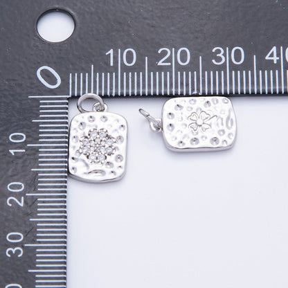 18K Gold Filled Micro Paved CZ Hammered Rectangular Tag Charm in Gold &amp; Silver | E727