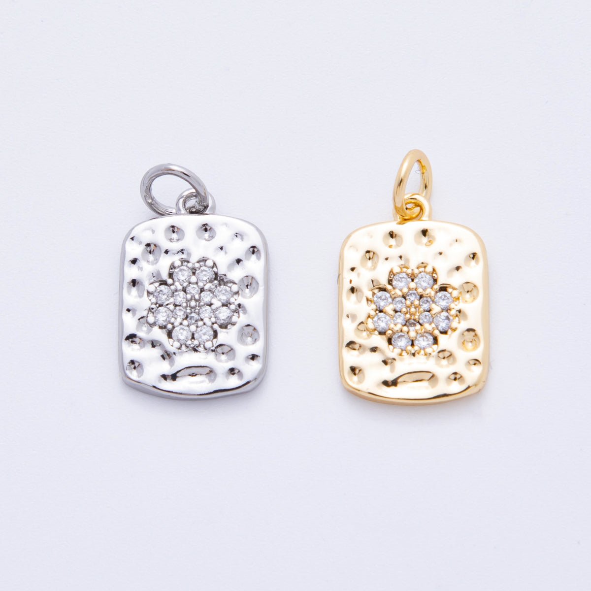 18K Gold Filled Micro Paved CZ Hammered Rectangular Tag Charm in Gold &amp; Silver | E727