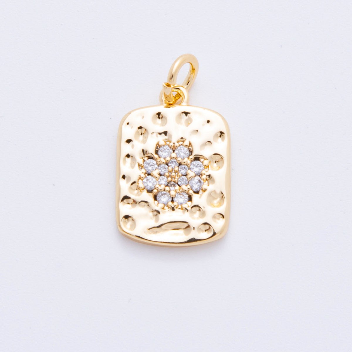 18K Gold Filled Micro Paved CZ Hammered Rectangular Tag Charm in Gold &amp; Silver | E727