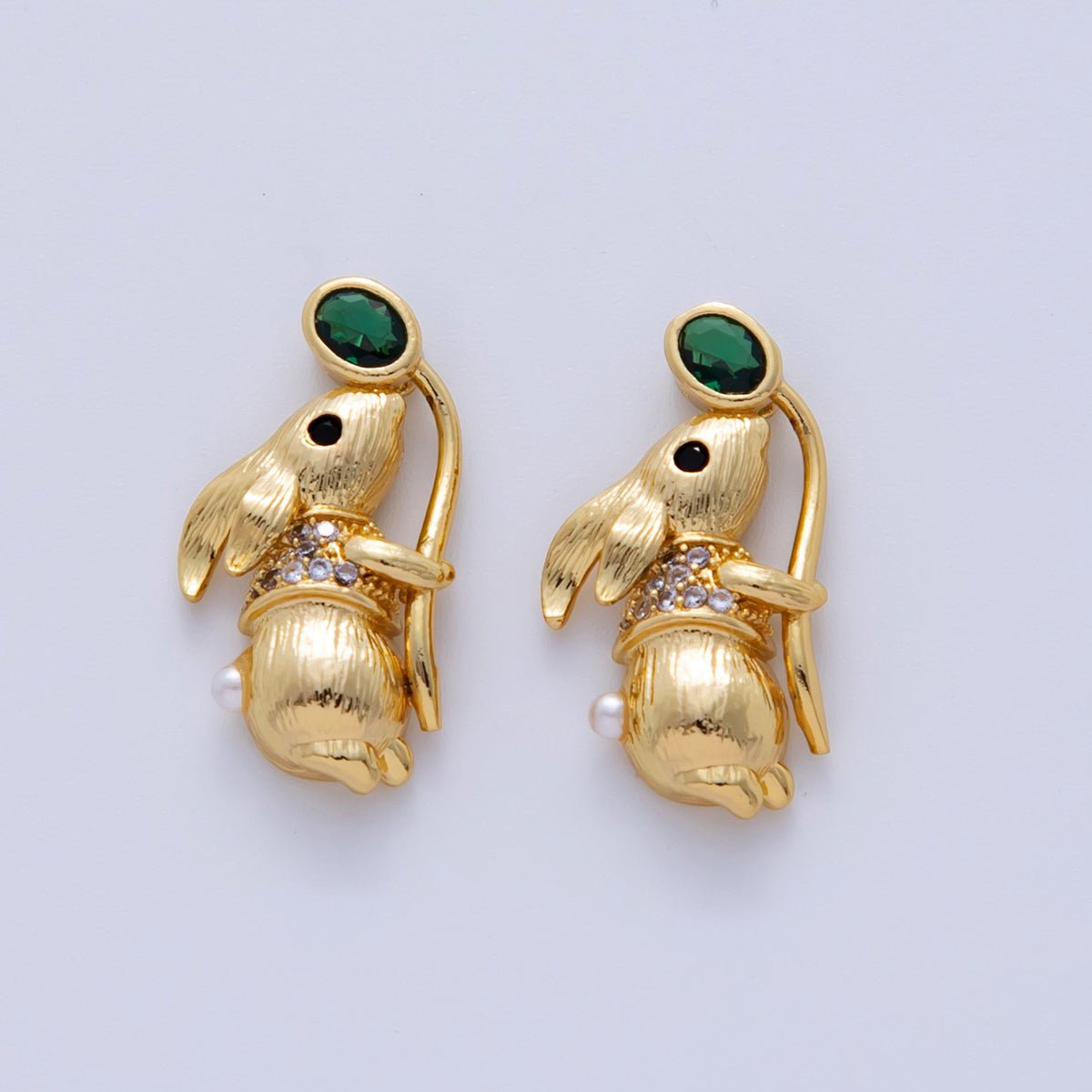 18K Gold Filled Micro Paved CZ Line-Textured Rabbit Bunny Leaf Charm | AF340