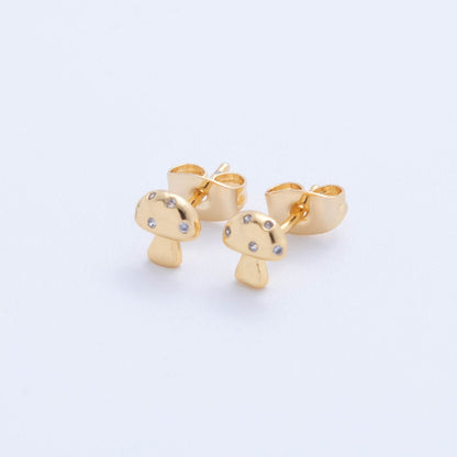 18K Gold Filled Micro Paved CZ Mini Mushroom Stud Earrings | AI381