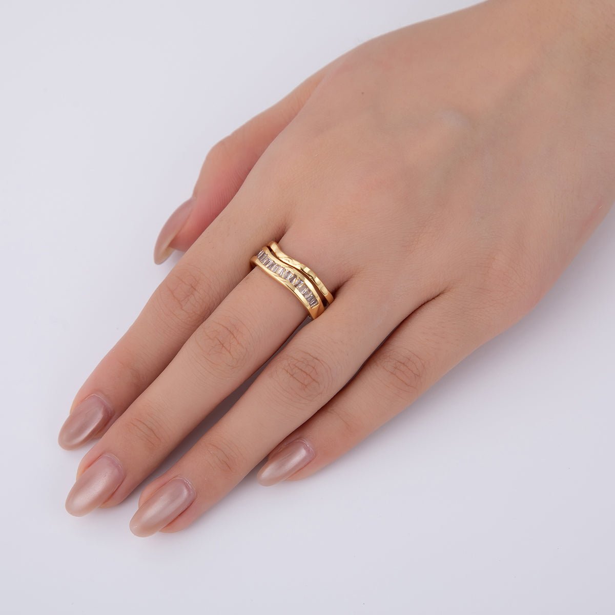 18K Gold Filled Micro Paved CZ Molten Wave Double Band Ring | O1995