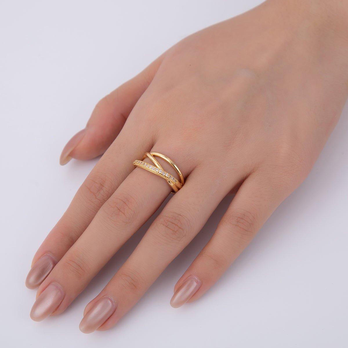 18K Gold Filled Micro Paved CZ Multiple Crossed Band Ring | O1925