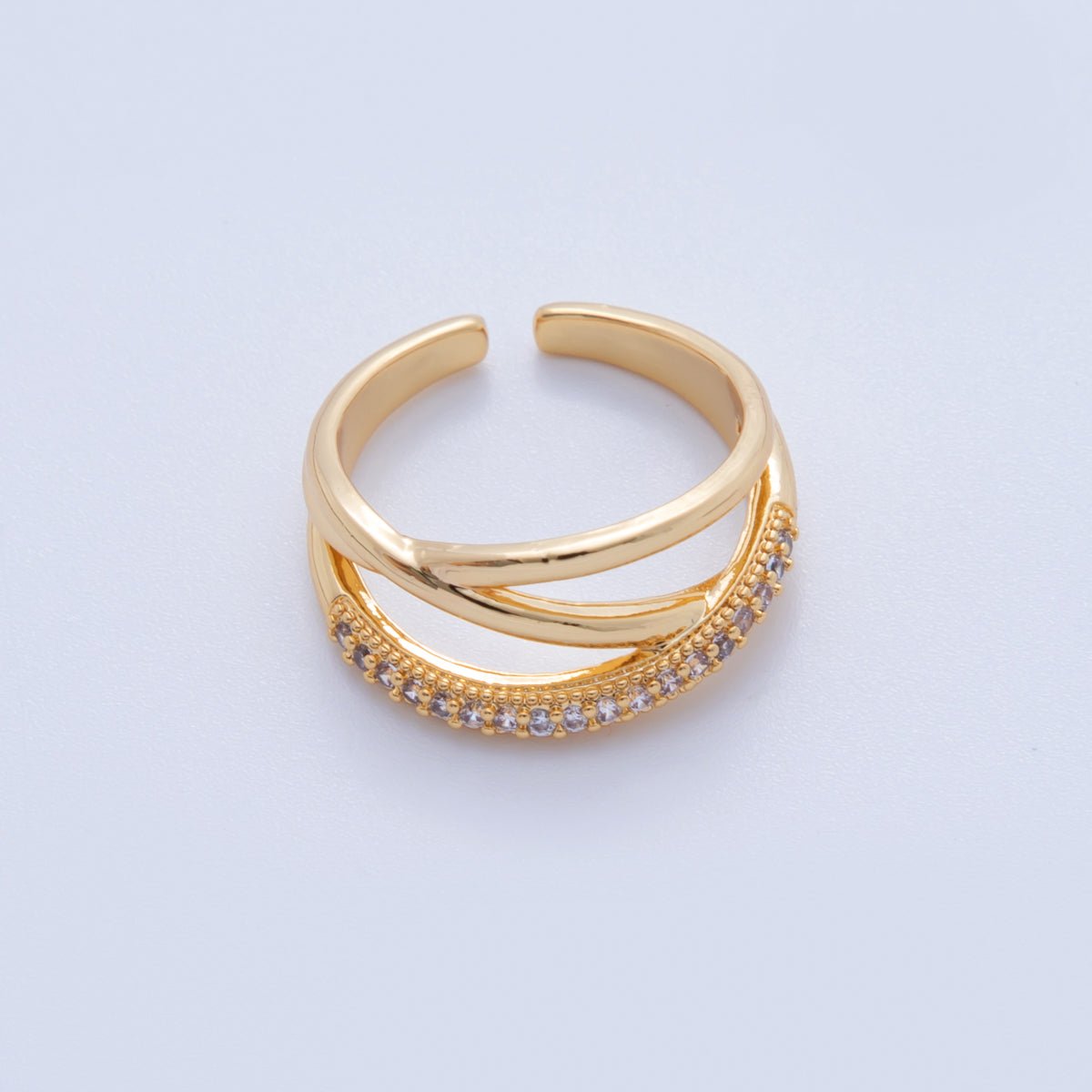 18K Gold Filled Micro Paved CZ Multiple Crossed Band Ring | O1925