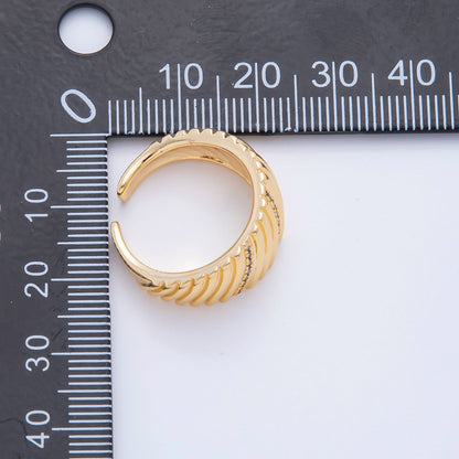 18K Gold Filled Micro Paved CZ Ribbed Line-Textured Wide Dome Ring | O485