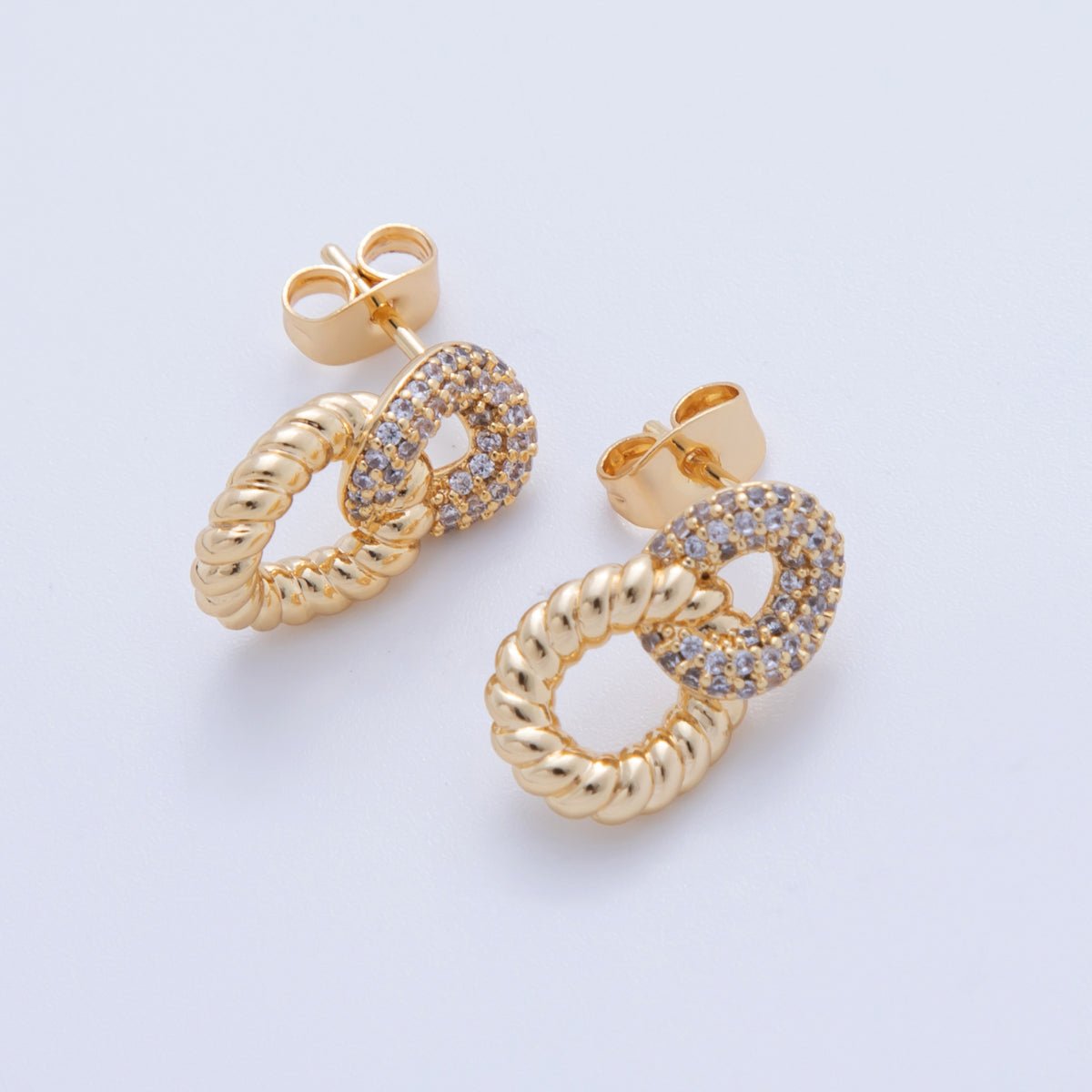 18K Gold Filled Micro Paved CZ Rope Link Stud Earrings | AI379