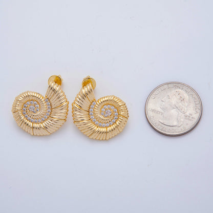 18K Gold Filled Micro Paved CZ Spiral Shell Stud Earrings | AJ147