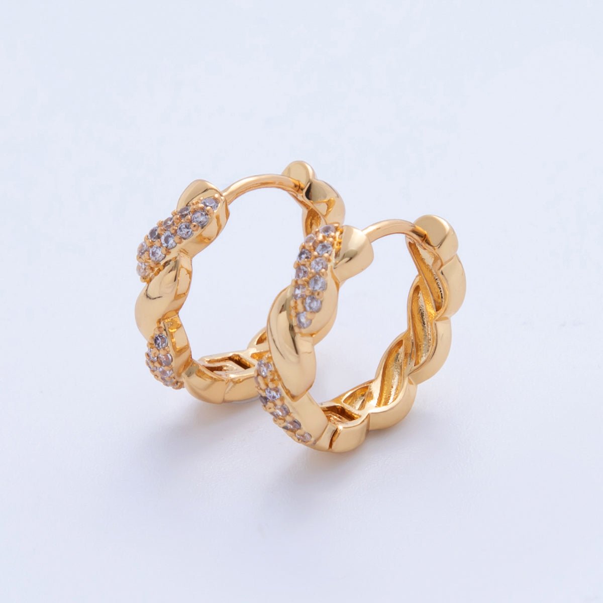 18K Gold Filled Micro Paved CZ Twirled Twisted Rope Round Hinged Huggie Earrings | AI375