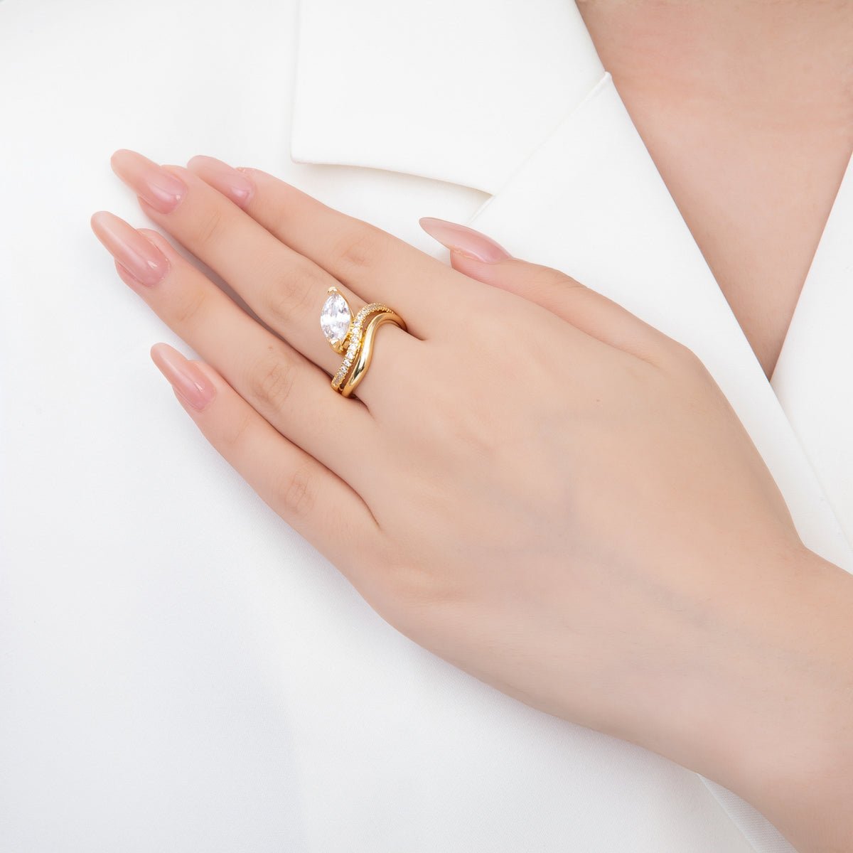 18K Gold Filled Clear CZ Marquise Micro Paved Double Band Wave Adjustable Ring | O2254