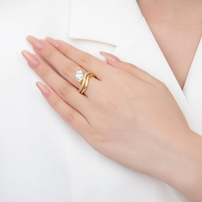 18K Gold Filled Clear CZ Marquise Micro Paved Double Band Wave Adjustable Ring | O2254