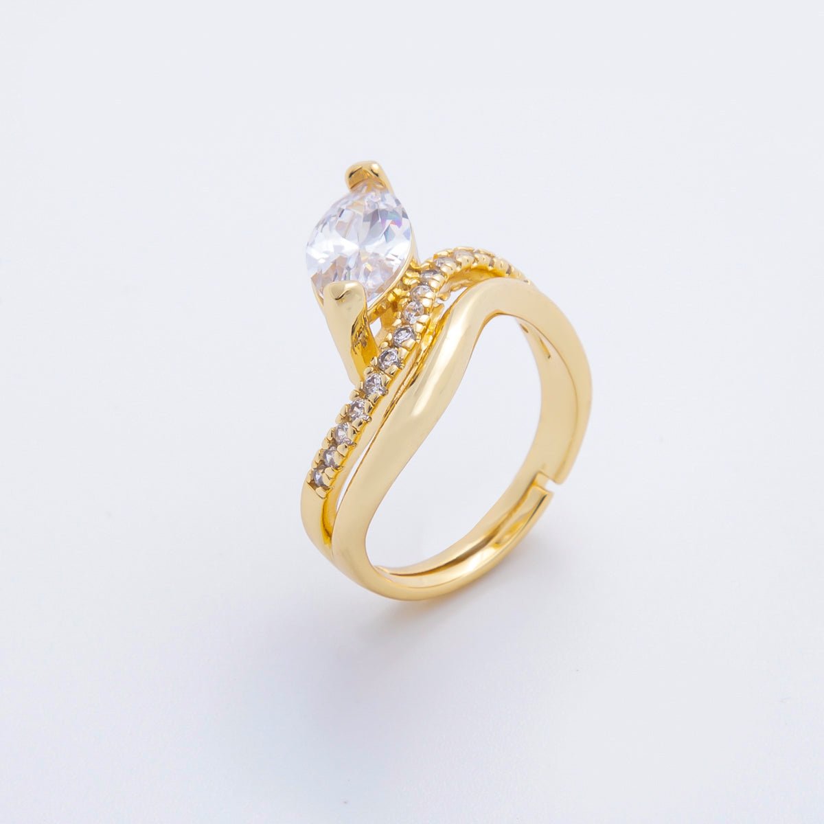 18K Gold Filled Clear CZ Marquise Micro Paved Double Band Wave Adjustable Ring | O2254