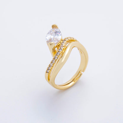 18K Gold Filled Clear CZ Marquise Micro Paved Double Band Wave Adjustable Ring | O2254