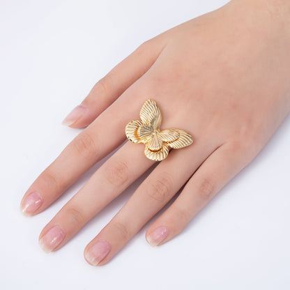 18K Gold Filled Minimalist Line-Textured Ribbed Butterfly Ring | Rings-00045