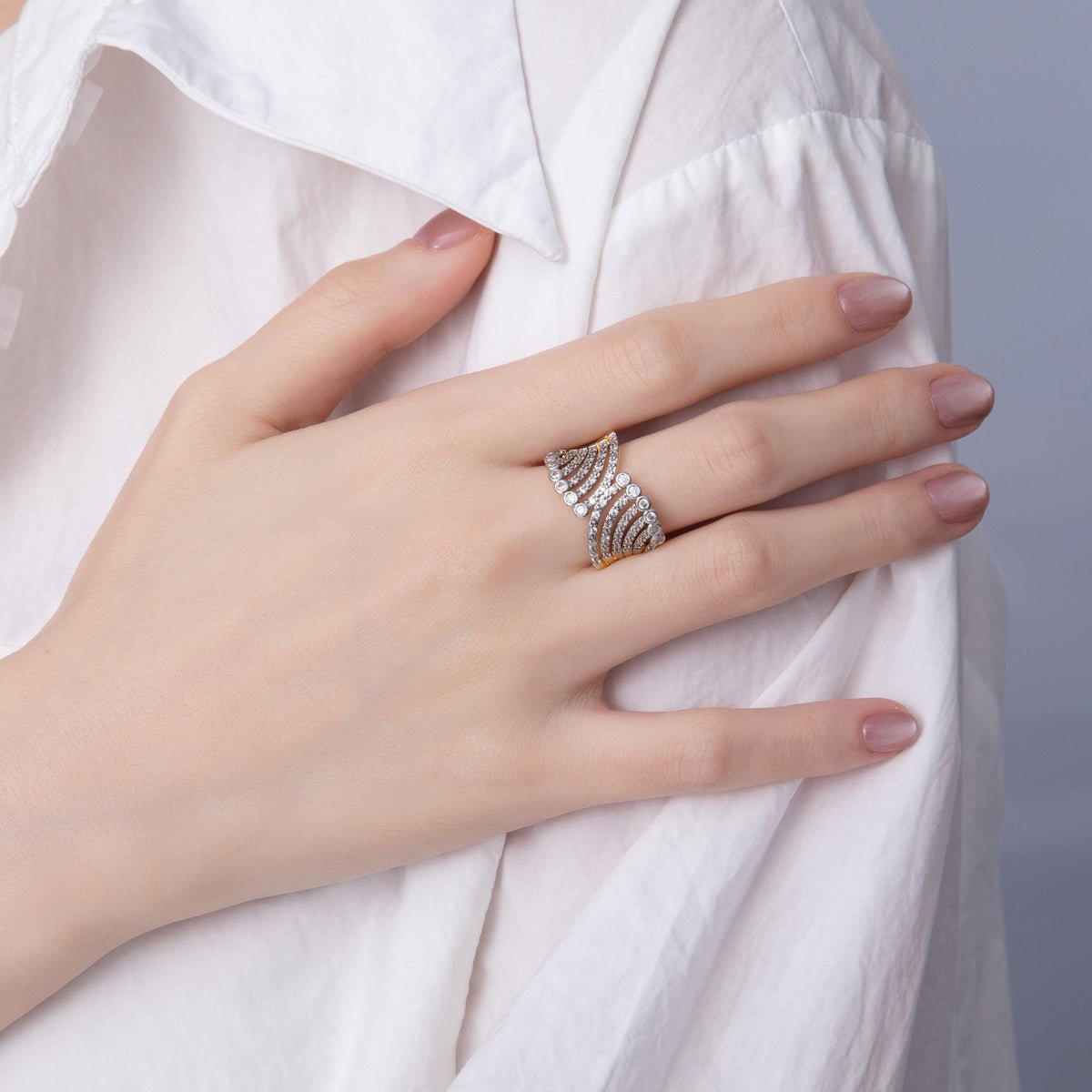 18K Gold Filled Mixed Metal Micro Paved CZ Bezel Wrap Ring | O752