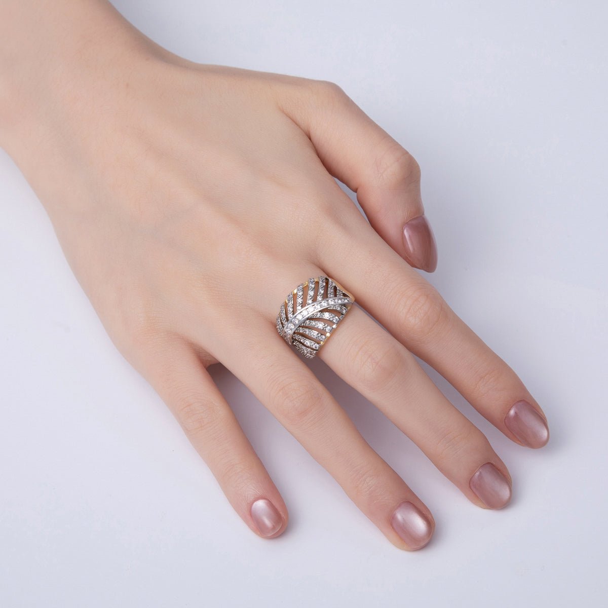 18K Gold Filled Mixed Metal Micro Paved CZ Palm Leaf Ring | O759