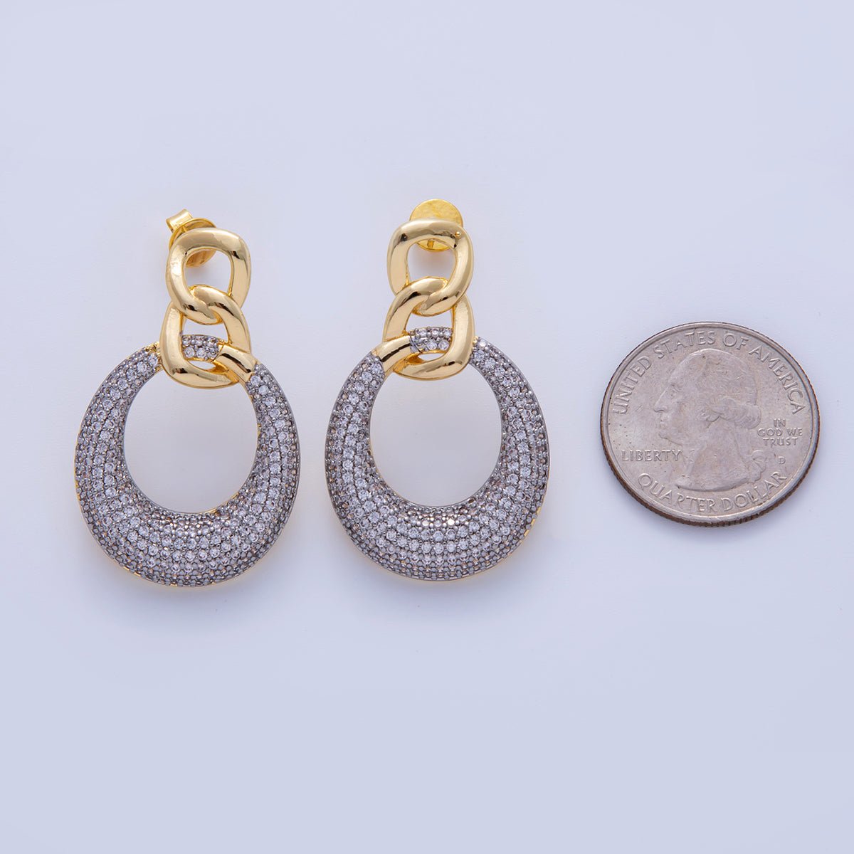 18K Gold Filled Mixed Metal Micro Paved CZ Round Curb Link Drop Stud Earrings | AI340