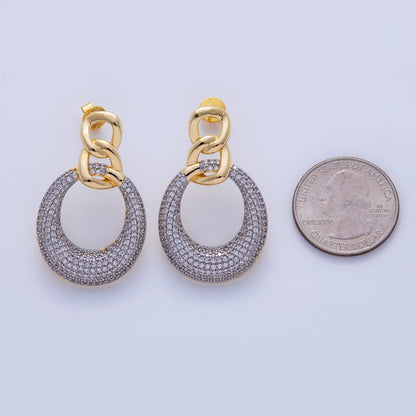 18K Gold Filled Mixed Metal Micro Paved CZ Round Curb Link Drop Stud Earrings | AI340