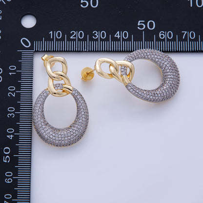 18K Gold Filled Mixed Metal Micro Paved CZ Round Curb Link Drop Stud Earrings | AI340