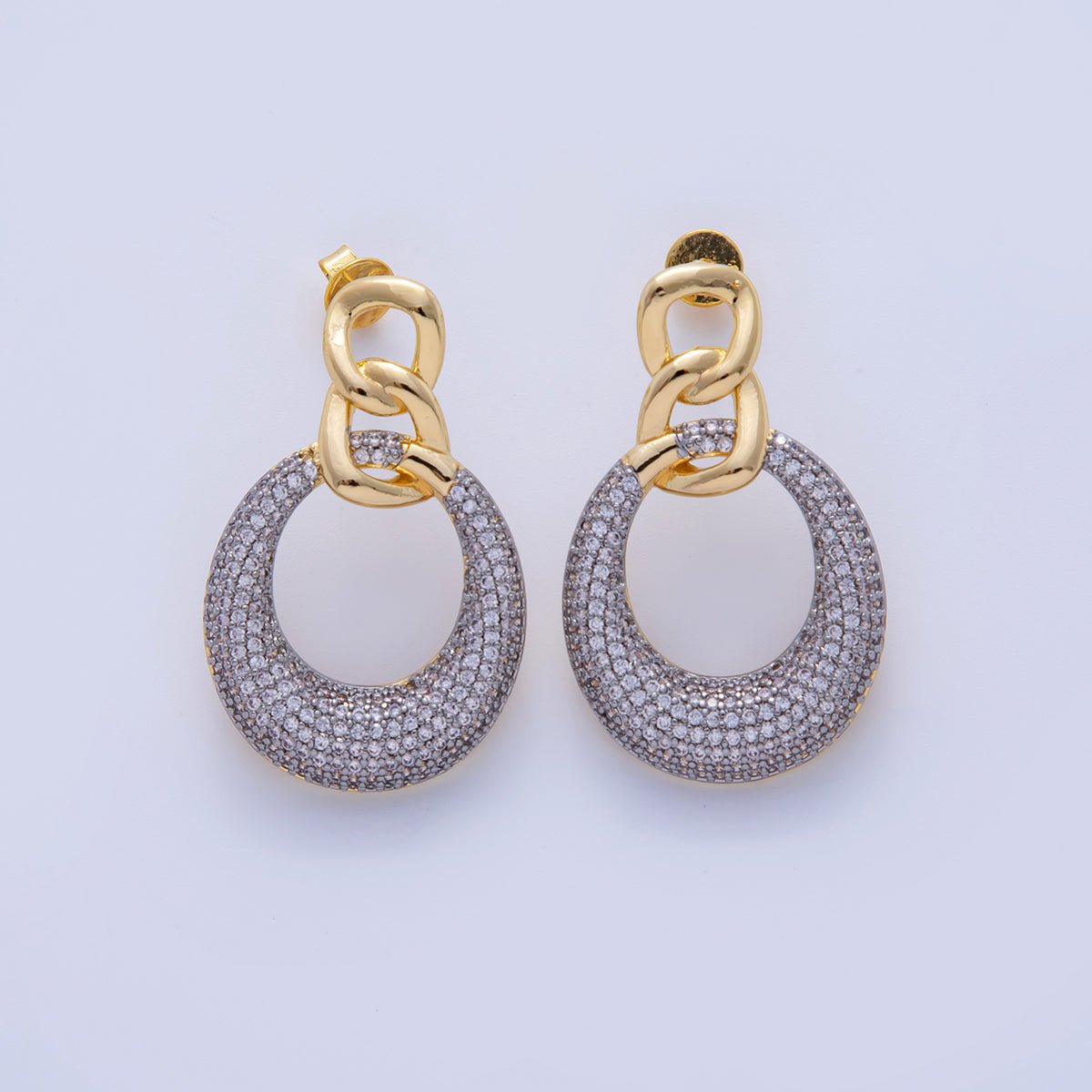 18K Gold Filled Mixed Metal Micro Paved CZ Round Curb Link Drop Stud Earrings | AI340