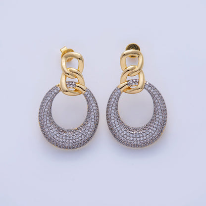 18K Gold Filled Mixed Metal Micro Paved CZ Round Curb Link Drop Stud Earrings | AI340