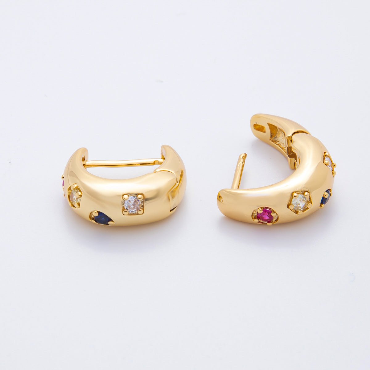 18K Gold Filled Multicolor Round CZ Dainty Dome Crescent Moon Lever Back Hoops Earrings | AJ221