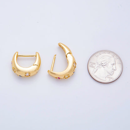 18K Gold Filled Multicolor Round CZ Dainty Dome Crescent Moon Lever Back Hoops Earrings | AJ221