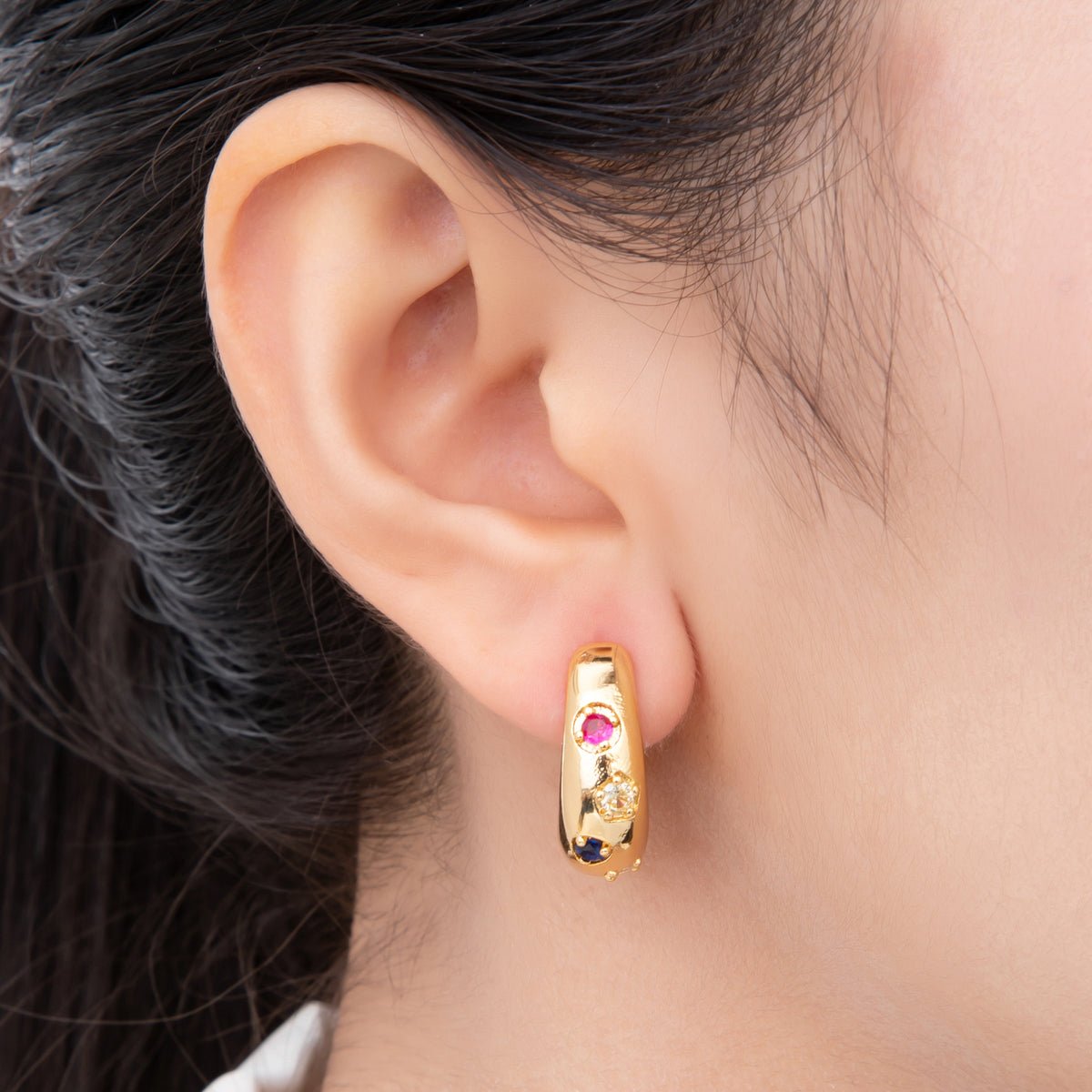 18K Gold Filled Multicolor Round CZ Dainty Dome Crescent Moon Lever Back Hoops Earrings | AJ221