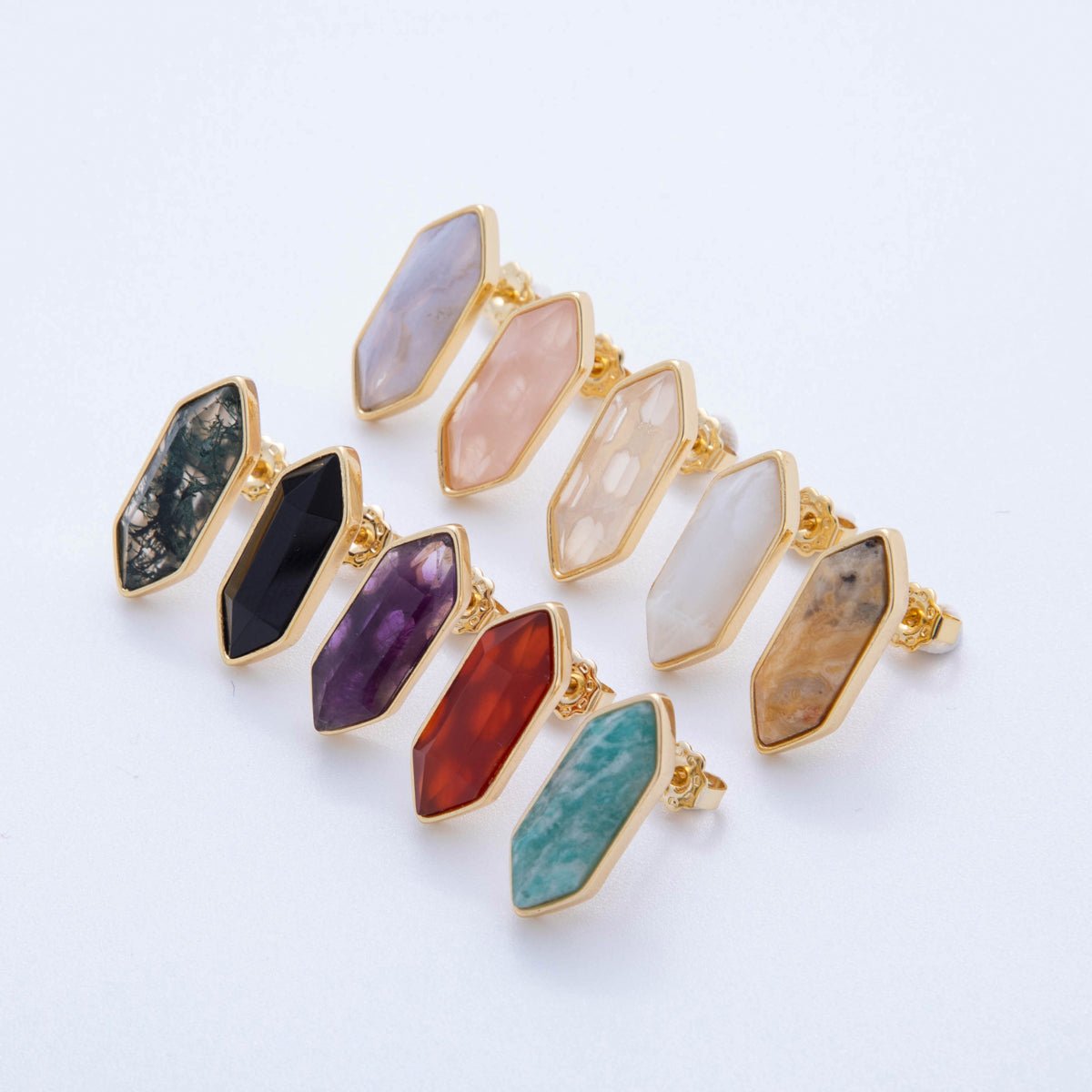 18K Gold Filled Natural Gemstone Hexagon Stud Earrings | Q037 - Q262