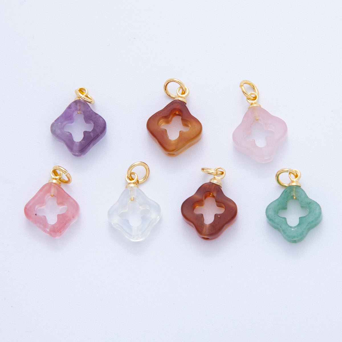 18K Gold Filled Natural Gemstone Open Quatrefoil Rhombus Charm | AF783 - AF786