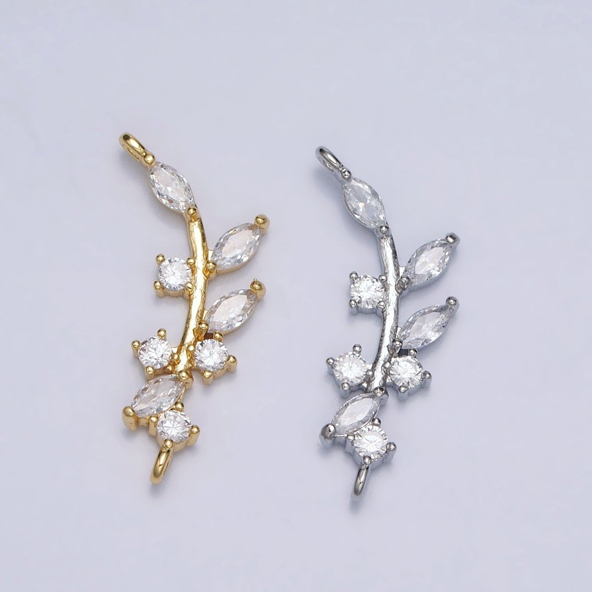 18K Gold Filled Nature Olive Leaf Marquise CZ Curved Connector in Gold &amp; Silver | Y-844