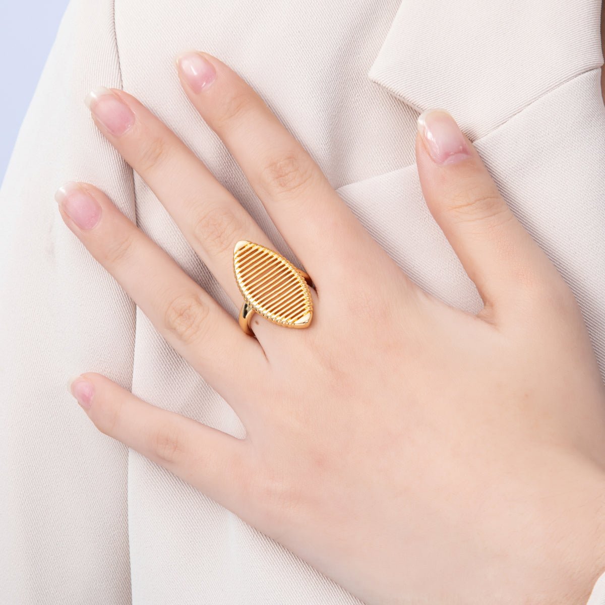 18K Gold Filled Open Linear Lined Navette Geometric Ring | Rings-00056