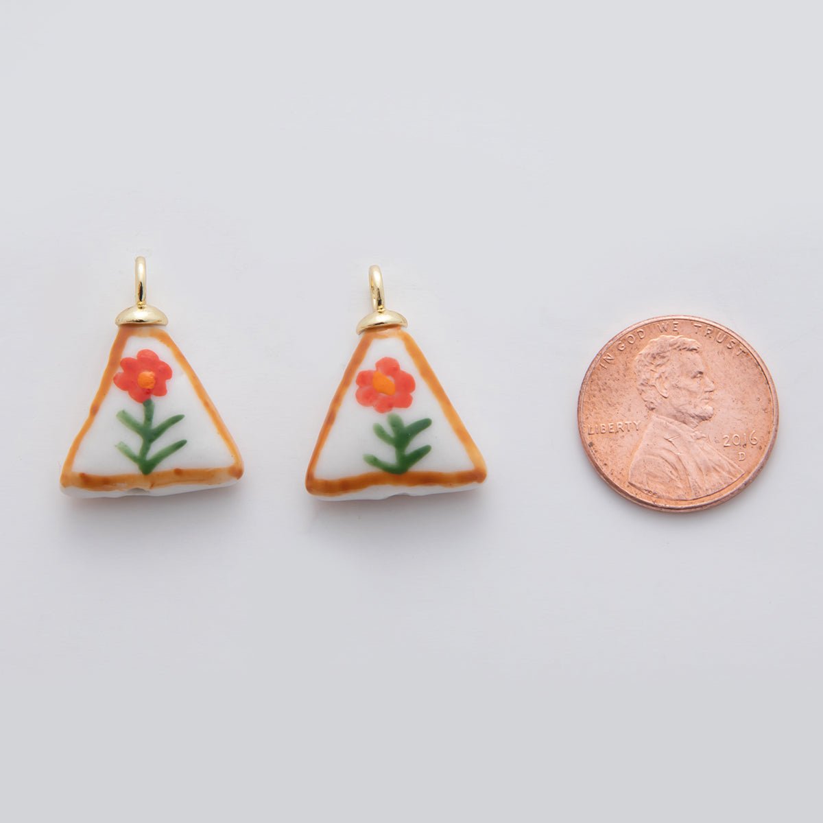 18K Gold Filled Orange Daisy Flower Doodle Rectangle Ceramic Drop Pendant | X631