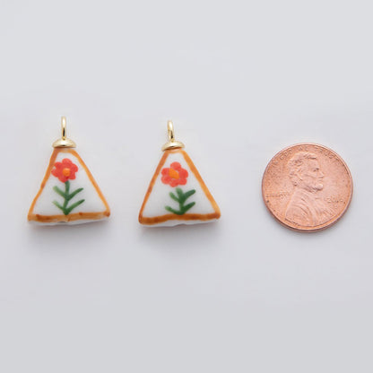 18K Gold Filled Orange Daisy Flower Doodle Rectangle Ceramic Drop Pendant | X631