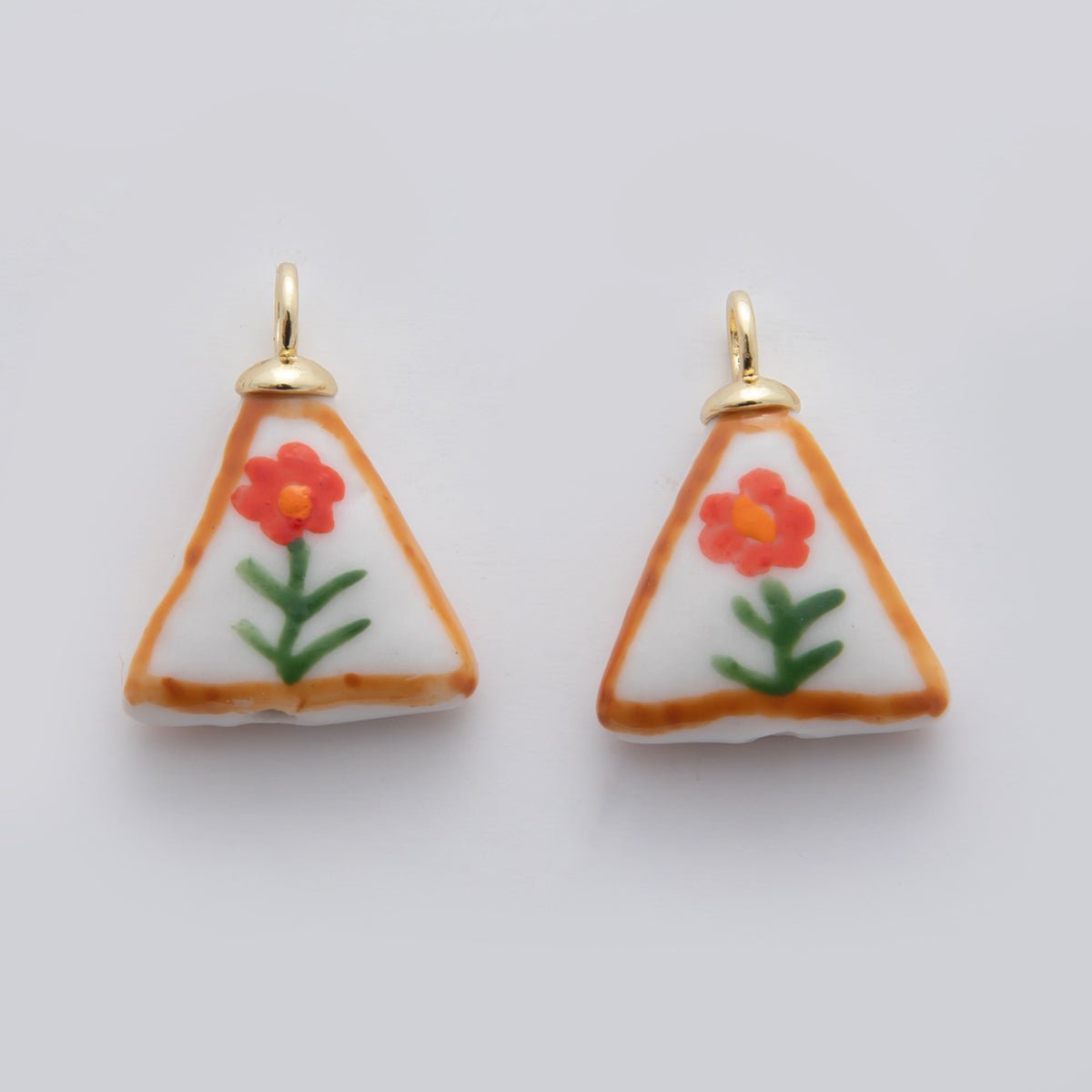 18K Gold Filled Orange Daisy Flower Doodle Rectangle Ceramic Drop Pendant | X631
