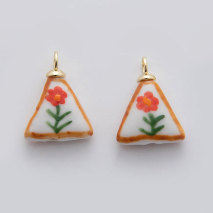 18K Gold Filled Orange Daisy Flower Doodle Rectangle Ceramic Drop Pendant | X631
