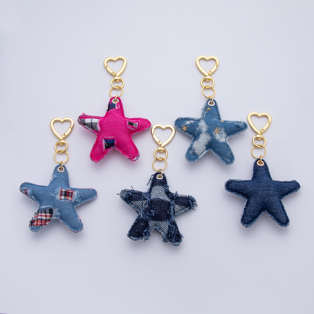 18K Gold Filled Patch Work Denim Puffy Star Heart Push Gate Key Ring Keychain Accessories | WB-00140 ~ WB-00144