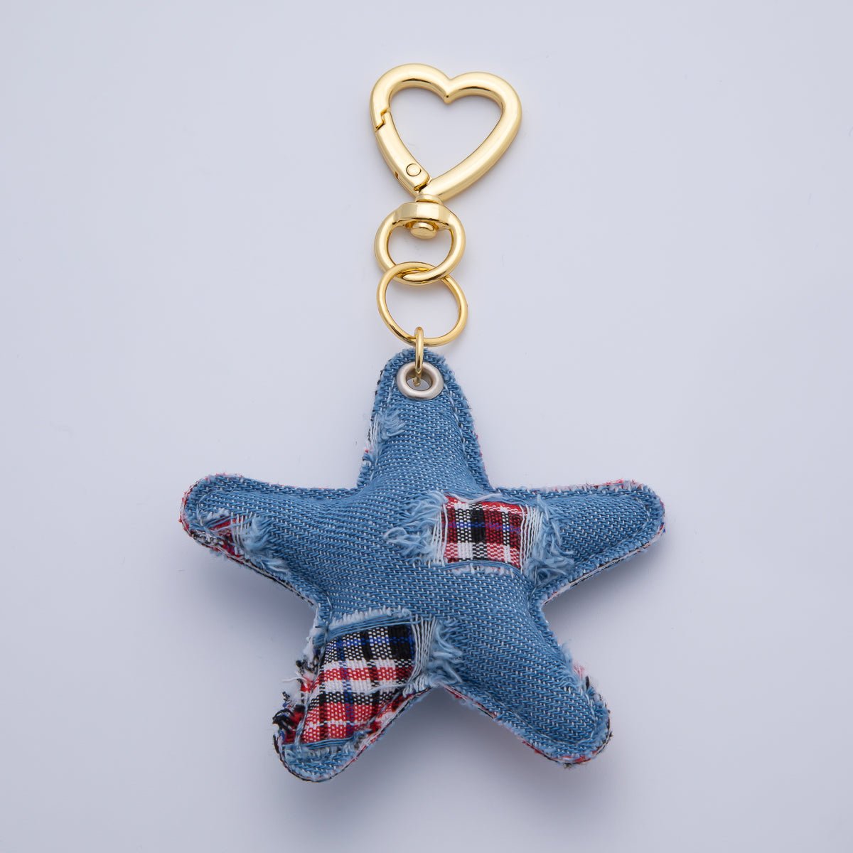 18K Gold Filled Patch Work Denim Puffy Star Heart Push Gate Key Ring Keychain Accessories | WB-00140 ~ WB-00144