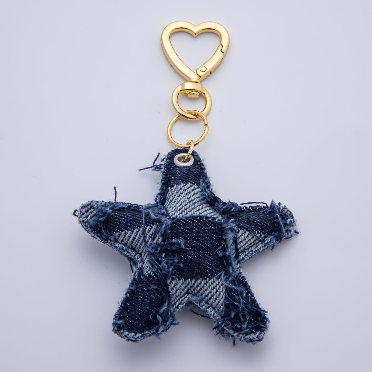 18K Gold Filled Patch Work Denim Puffy Star Heart Push Gate Key Ring Keychain Accessories | WB-00140 ~ WB-00144