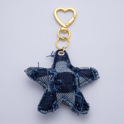 18K Gold Filled Patch Work Denim Puffy Star Heart Push Gate Key Ring Keychain Accessories | WB-00140 ~ WB-00144