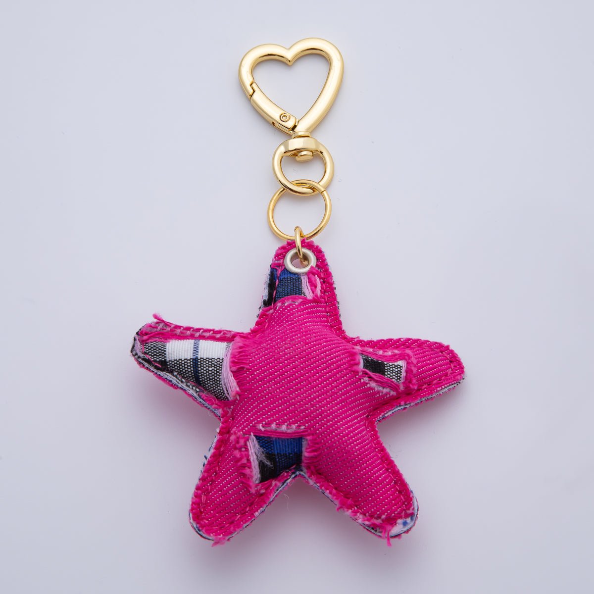 18K Gold Filled Patch Work Denim Puffy Star Heart Push Gate Key Ring Keychain Accessories | WB-00140 ~ WB-00144