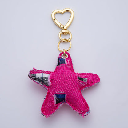 18K Gold Filled Patch Work Denim Puffy Star Heart Push Gate Key Ring Keychain Accessories | WB-00140 ~ WB-00144