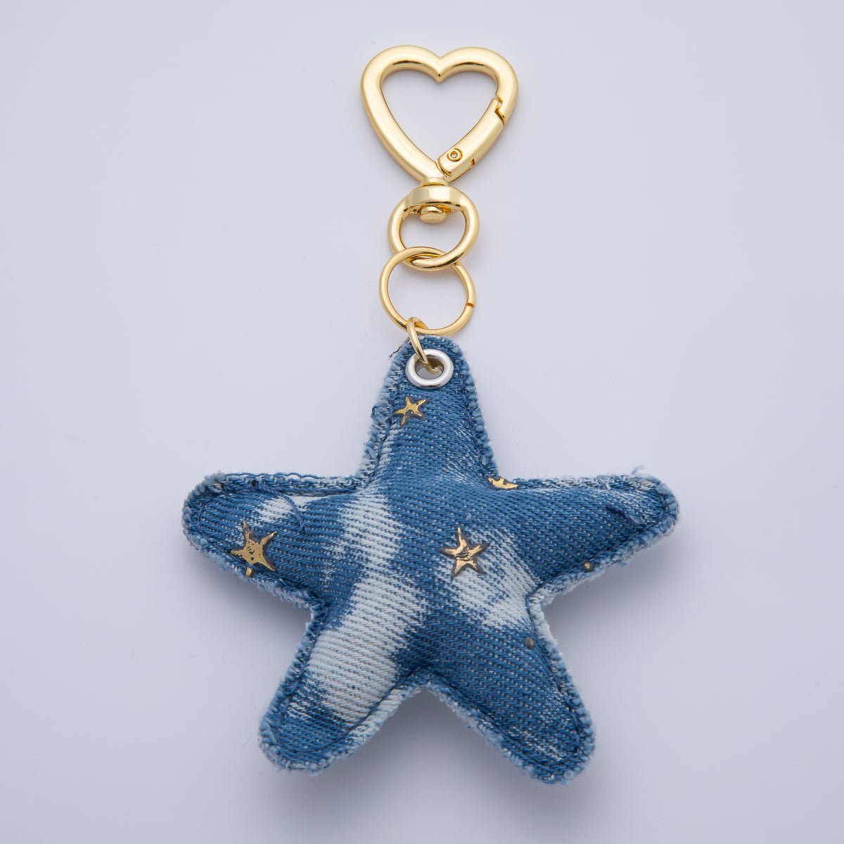 18K Gold Filled Patch Work Denim Puffy Star Heart Push Gate Key Ring Keychain Accessories | WB-00140 ~ WB-00144