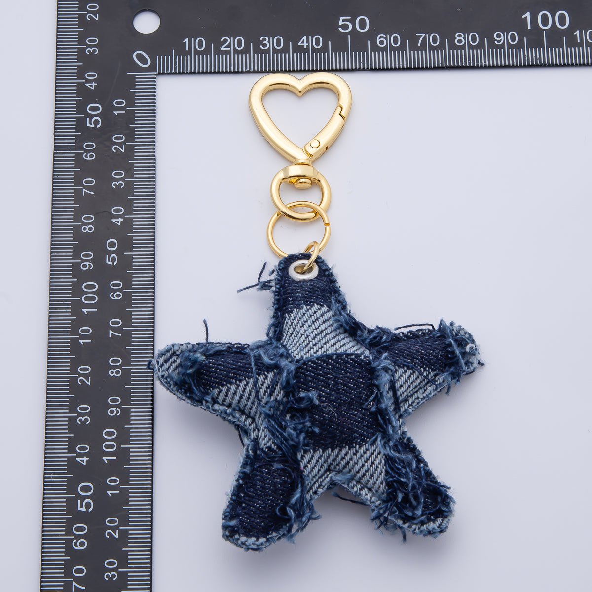 18K Gold Filled Patch Work Denim Puffy Star Heart Push Gate Key Ring Keychain Accessories | WB-00140 ~ WB-00144