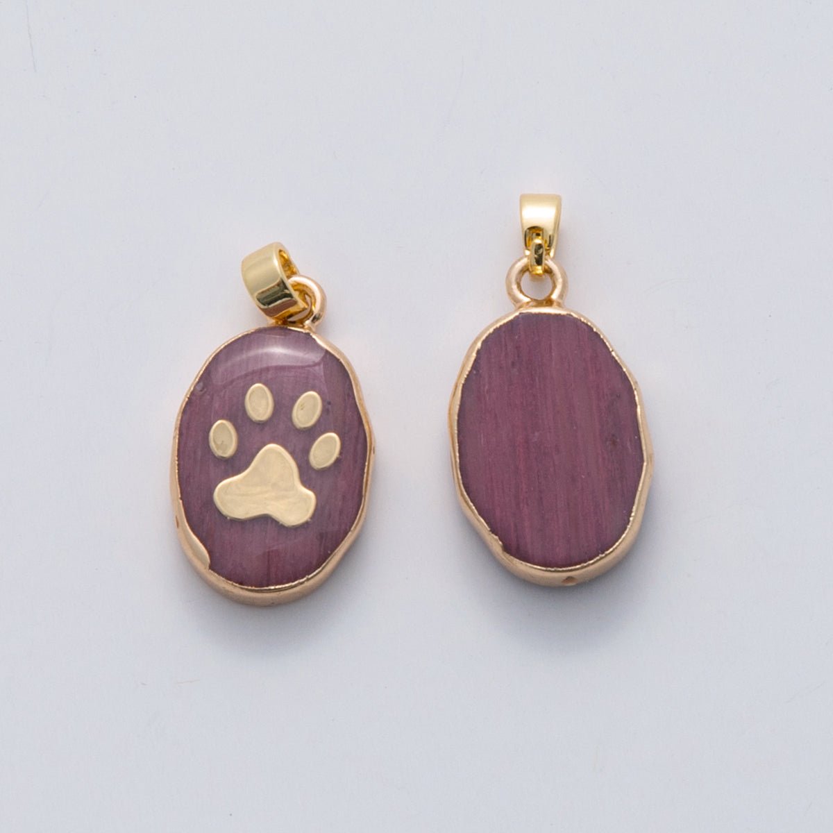 18K Gold Filled Paw Print Pink Quartz Oblong Pendant | AH694